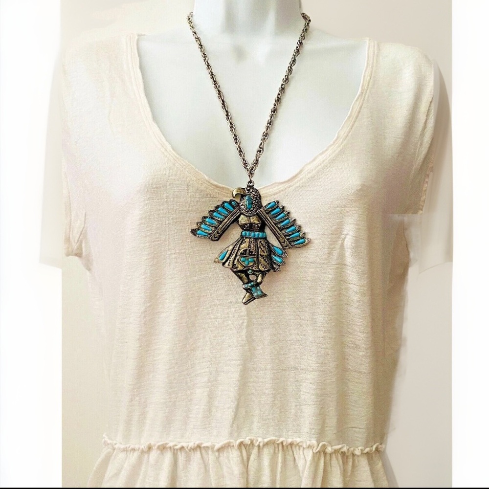 OVERSIZED Vintage 1960's 70's Kachina Doll Metal Faux Turquoise Pendant Necklace